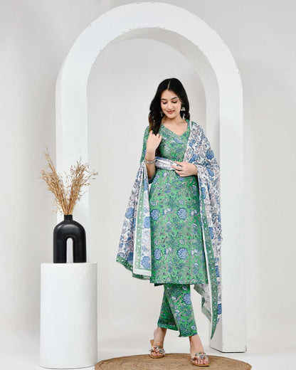 Neel Vanika Green Cotton Suit Set With Mulmul Dupatta