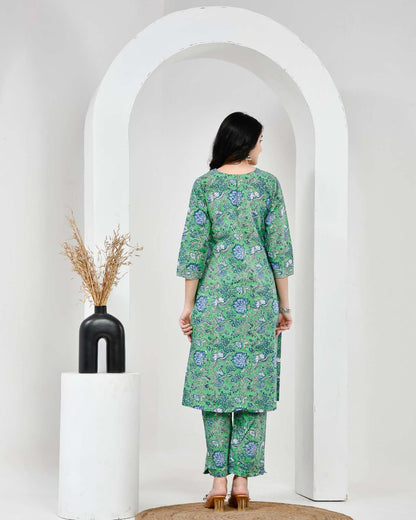 Neel Vanika Green Cotton Suit Set With Mulmul Dupatta