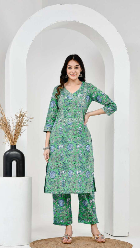 Neel Vanika Green Cotton Suit Set With Mulmul Dupatta