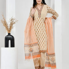Mehka Saawan Peach Cotton Suit Set with Kota Doriya Dupatta