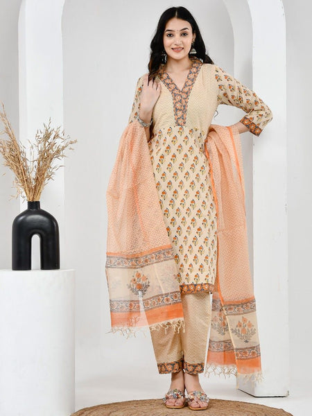 Mehka Saawan Peach Cotton Suit Set with Kota Doriya Dupatta