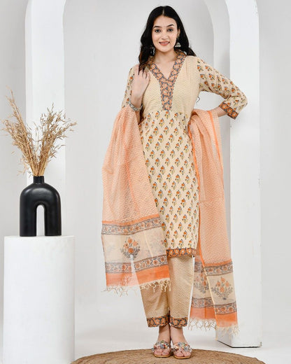 Mehka Saawan Peach Cotton Suit Set with Kota Doriya Dupatta