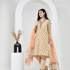 Mehka Saawan Peach Cotton Suit Set with Kota Doriya Dupatta