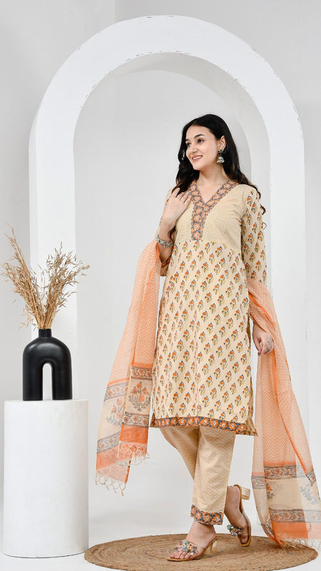 Mehka Saawan Peach Cotton Suit Set with Kota Doriya Dupatta