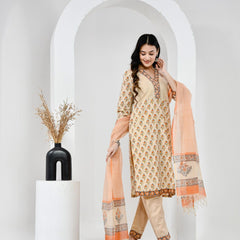Mehka Saawan Peach Cotton Suit Set with Kota Doriya Dupatta