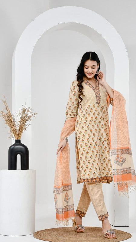 Mehka Saawan Peach Cotton Suit Set with Kota Doriya Dupatta