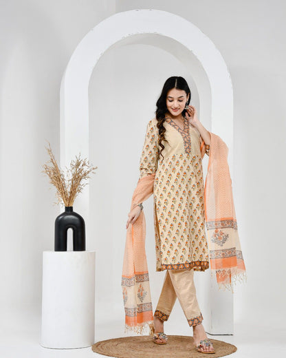 Mehka Saawan Peach Cotton Suit Set with Kota Doriya Dupatta