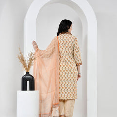 Mehka Saawan Peach Cotton Suit Set with Kota Doriya Dupatta