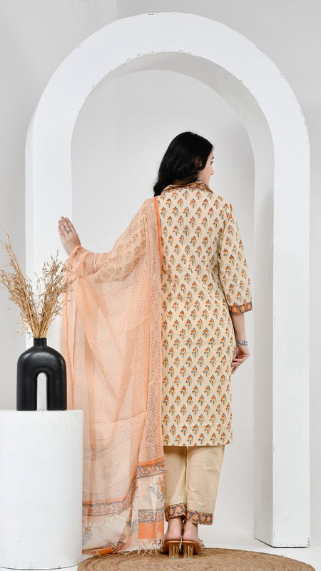 Mehka Saawan Peach Cotton Suit Set with Kota Doriya Dupatta