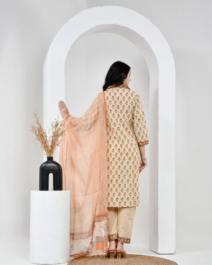 Mehka Saawan Peach Cotton Suit Set with Kota Doriya Dupatta