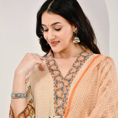 Mehka Saawan Peach Cotton Suit Set with Kota Doriya Dupatta