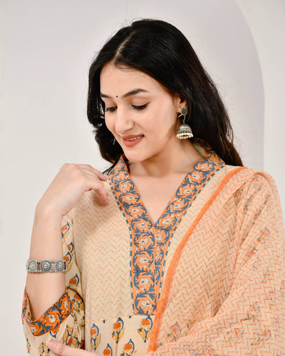 Mehka Saawan Peach Cotton Suit Set with Kota Doriya Dupatta