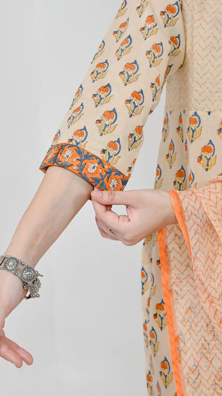 Mehka Saawan Peach Cotton Suit Set with Kota Doriya Dupatta