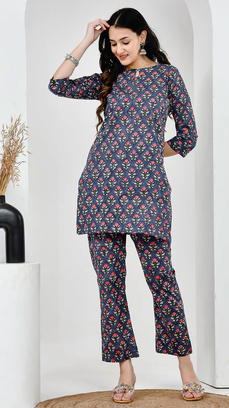 Midnight Garden Navy Blue Printed Cotton Co-ord Set