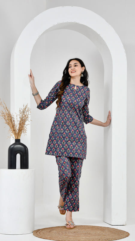 Midnight Garden Navy Blue Printed Cotton Co-ord Set