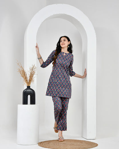 Midnight Garden Navy Blue Printed Cotton Co-ord Set