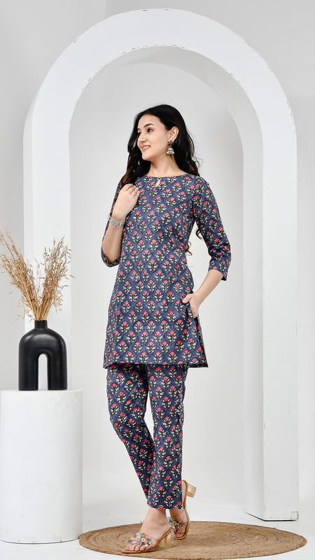 Midnight Garden Navy Blue Printed Cotton Co-ord Set