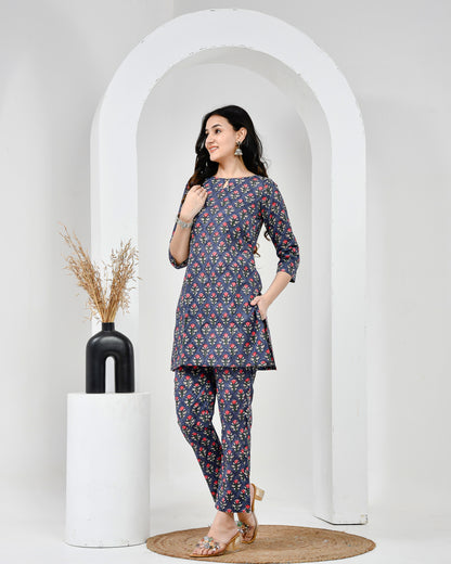 Midnight Garden Navy Blue Printed Cotton Co-ord Set