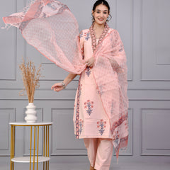 Neel Tara Blush Pink Cotton Suit Set With Kota Doriya Dupatta