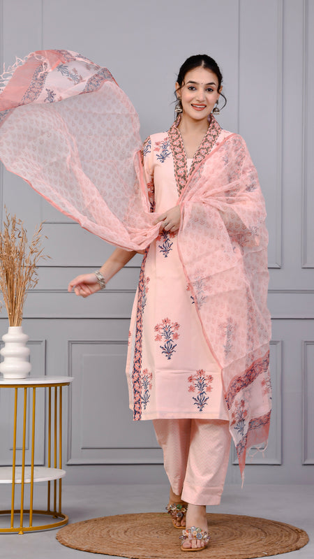Neel Tara Blush Pink Cotton Suit Set With Kota Doriya Dupatta