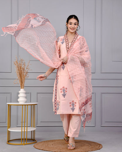 Neel Tara Blush Pink Cotton Suit Set With Kota Doriya Dupatta