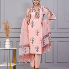 Neel Tara Blush Pink Cotton Suit Set With Kota Doriya Dupatta