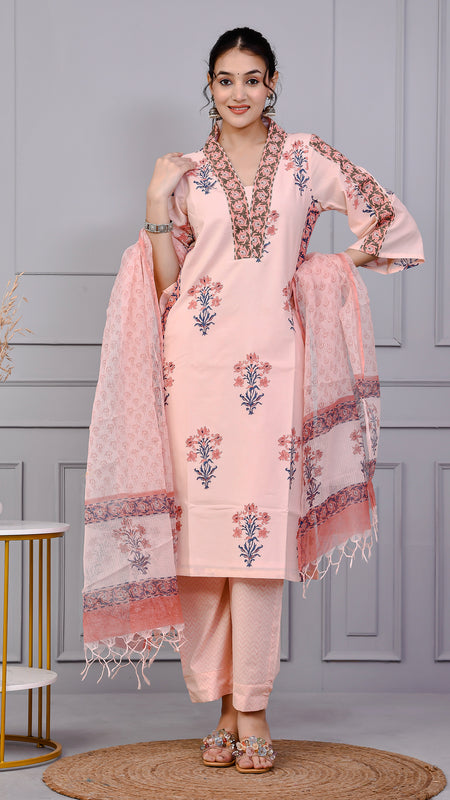 Neel Tara Blush Pink Cotton Suit Set With Kota Doriya Dupatta