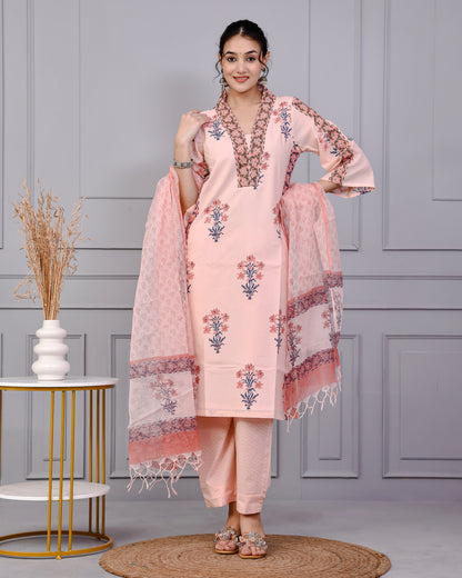 Neel Tara Blush Pink Cotton Suit Set With Kota Doriya Dupatta