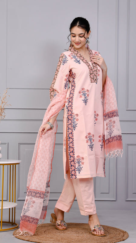 Neel Tara Blush Pink Cotton Suit Set With Kota Doriya Dupatta
