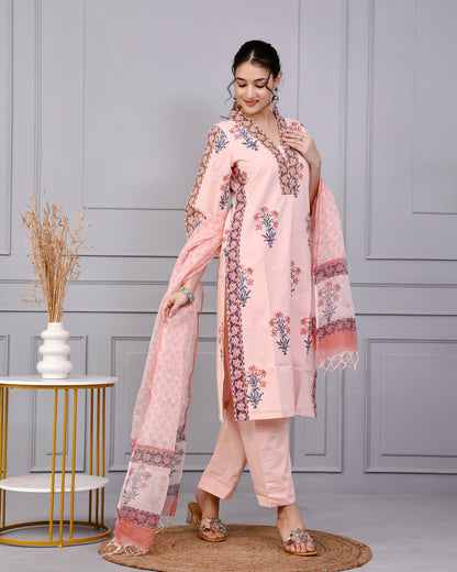 Neel Tara Blush Pink Cotton Suit Set With Kota Doriya Dupatta