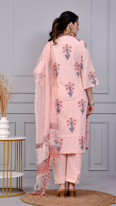 Neel Tara Blush Pink Cotton Suit Set With Kota Doriya Dupatta