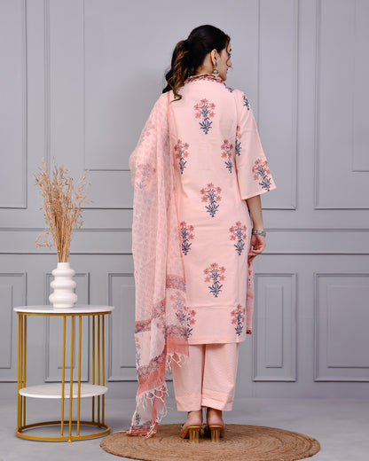 Neel Tara Blush Pink Cotton Suit Set With Kota Doriya Dupatta