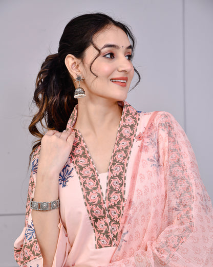 Neel Tara Blush Pink Cotton Suit Set With Kota Doriya Dupatta