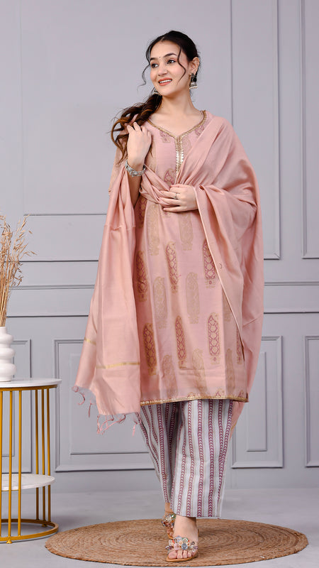 Zehra Zari Onion Cotton Suit Set with Chanderi Dupatta