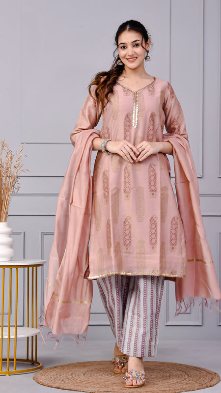 Zehra Zari Onion Cotton Suit Set with Chanderi Dupatta