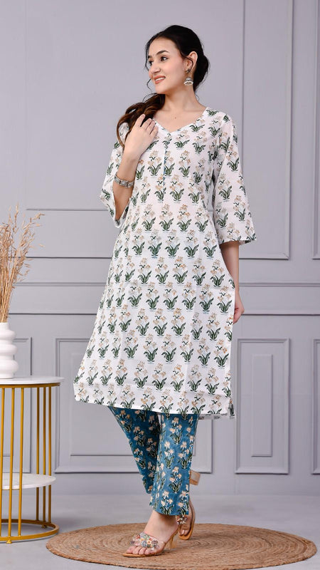 Noor White & Blue Teal Floral Cotton Co-ord Set