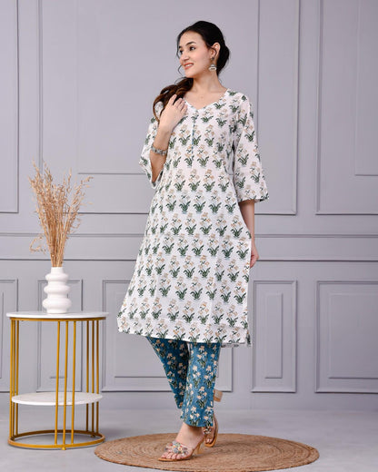 Noor White & Blue Teal Floral Cotton Co-ord Set