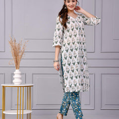 Noor White & Blue Teal Floral Cotton Co-ord Set