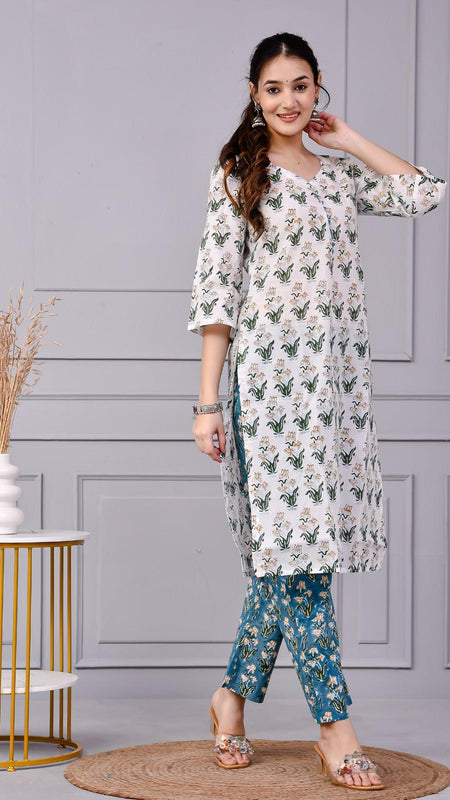 Noor White & Blue Teal Floral Cotton Co-ord Set