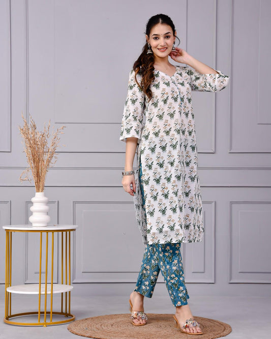 Noor White & Blue Teal Floral Cotton Co-ord Set
