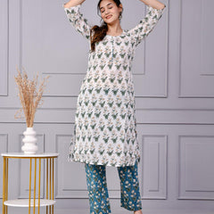 Noor White & Blue Teal Floral Cotton Co-ord Set