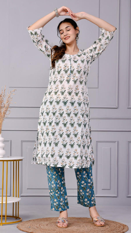 Noor White & Blue Teal Floral Cotton Co-ord Set