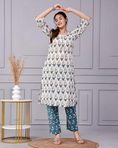 Noor White & Blue Teal Floral Cotton Co-ord Set