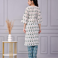 Noor White & Blue Teal Floral Cotton Co-ord Set