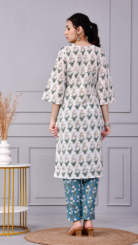 Noor White & Blue Teal Floral Cotton Co-ord Set