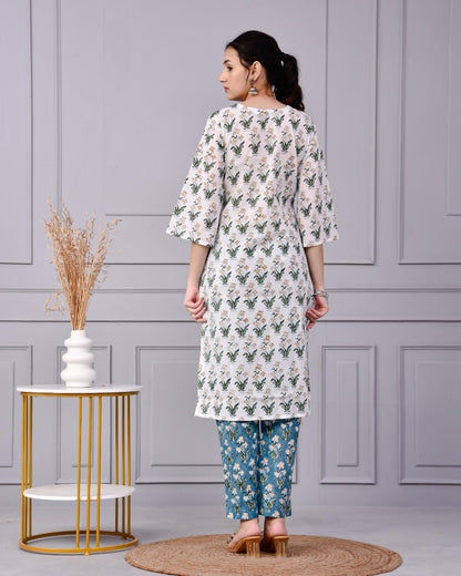 Noor White & Blue Teal Floral Cotton Co-ord Set