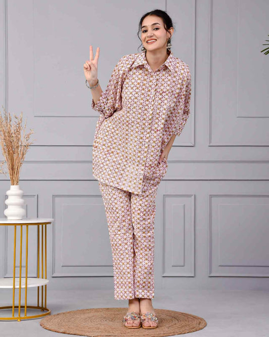Women's Geometric Print Co-Ord Set | Oversized Shirt & Flared Pants | Pure Cotton | Casual Loungewear | Sizes XS to 5XL
