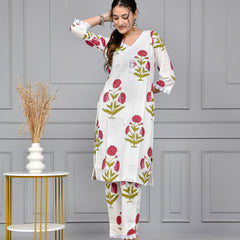 Noor White & Pink Block Print Floral Cotton Co-ord Set