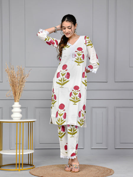 Noor White & Pink Block Print Floral Cotton Co-ord Set
