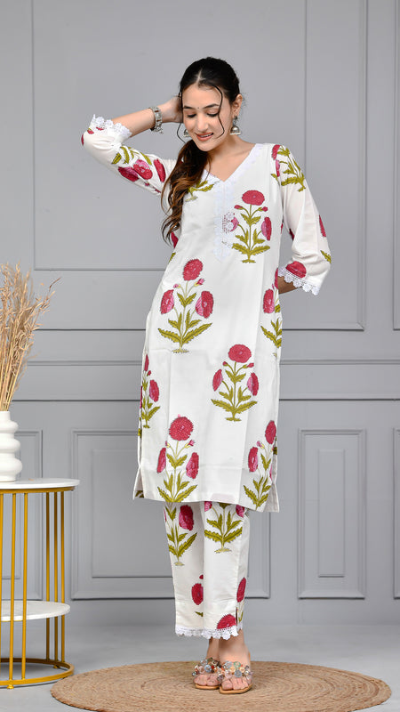 Noor White & Pink Block Print Floral Cotton Co-ord Set